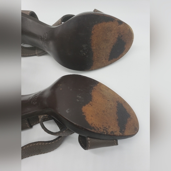 172- Chloe Gray Leather Brown Wood Clog Heels Open Toe Strappy Size 40EU 9.5 US - Picture 7 of 10